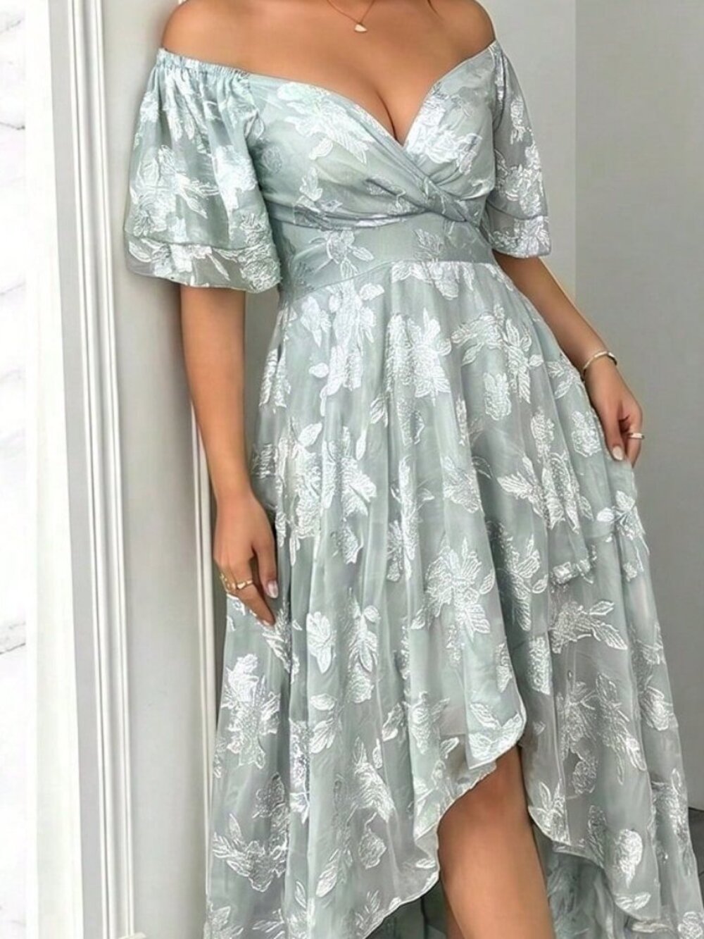 Mint Green Elegant Off-Shoulder Women's Plus Size Lace hi low Dress - Picture 5 of 5